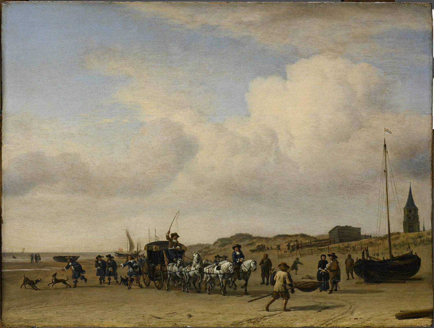 Noble équipage (prince d'Orange ?) cheminant sur la plage de Scheveningen - Adriaen van de Velde