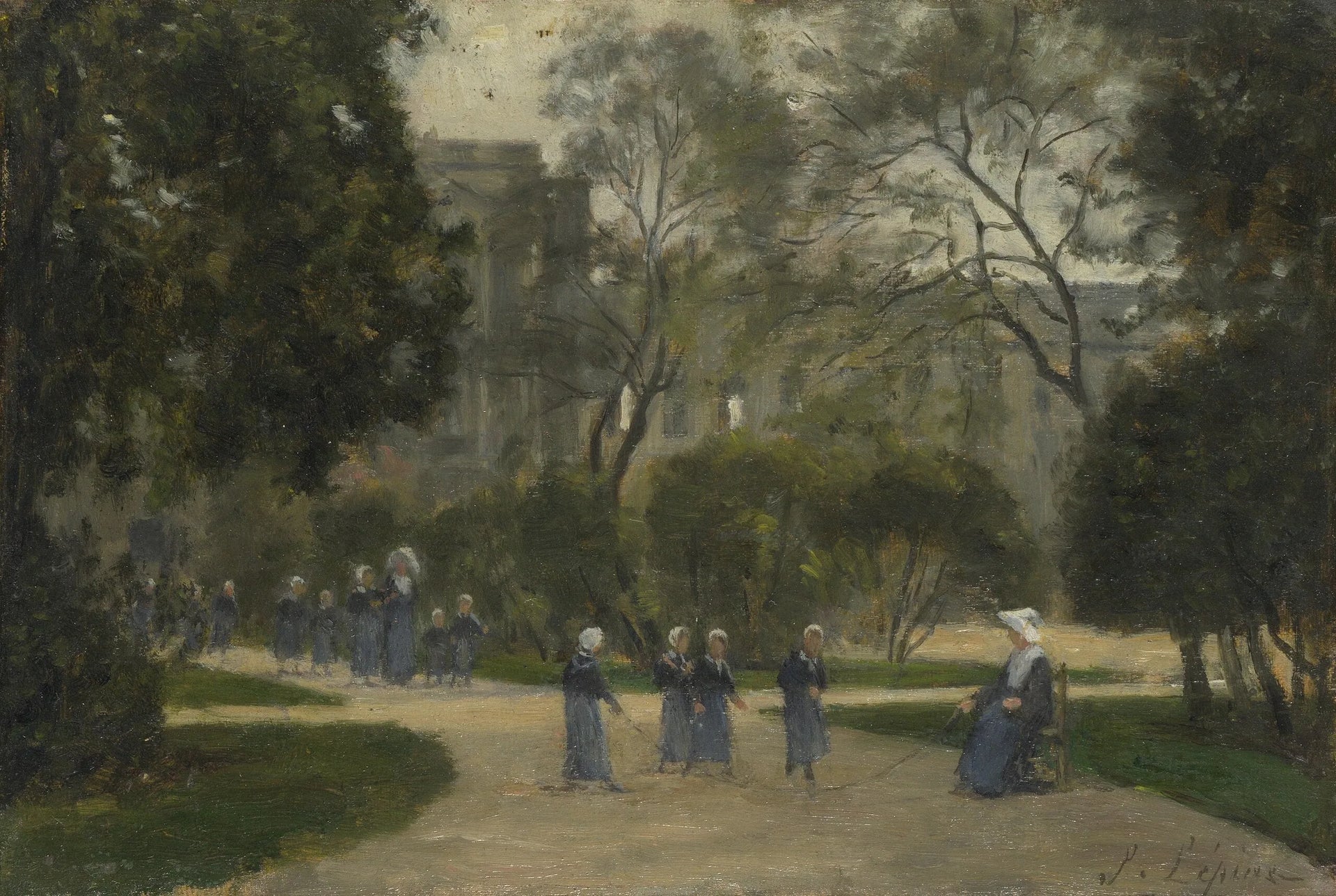 Nonnes et Écolières dans le jardin des Tuileries, Paris - Stanislas Lépine image 1 tableau peint à l’huile sur toile