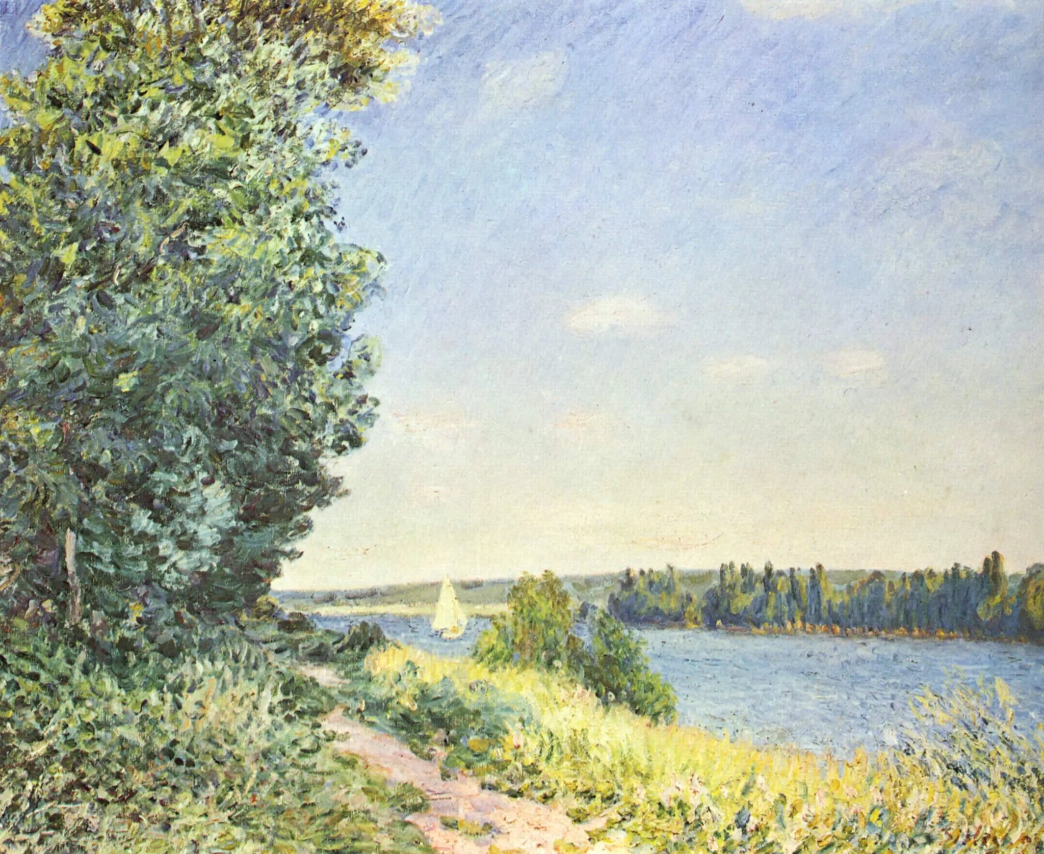 Normandie, le sentier au bord de l'eau, soir à Sahurs - Alfred Sisley image 1 copie de tableau peinte à la main