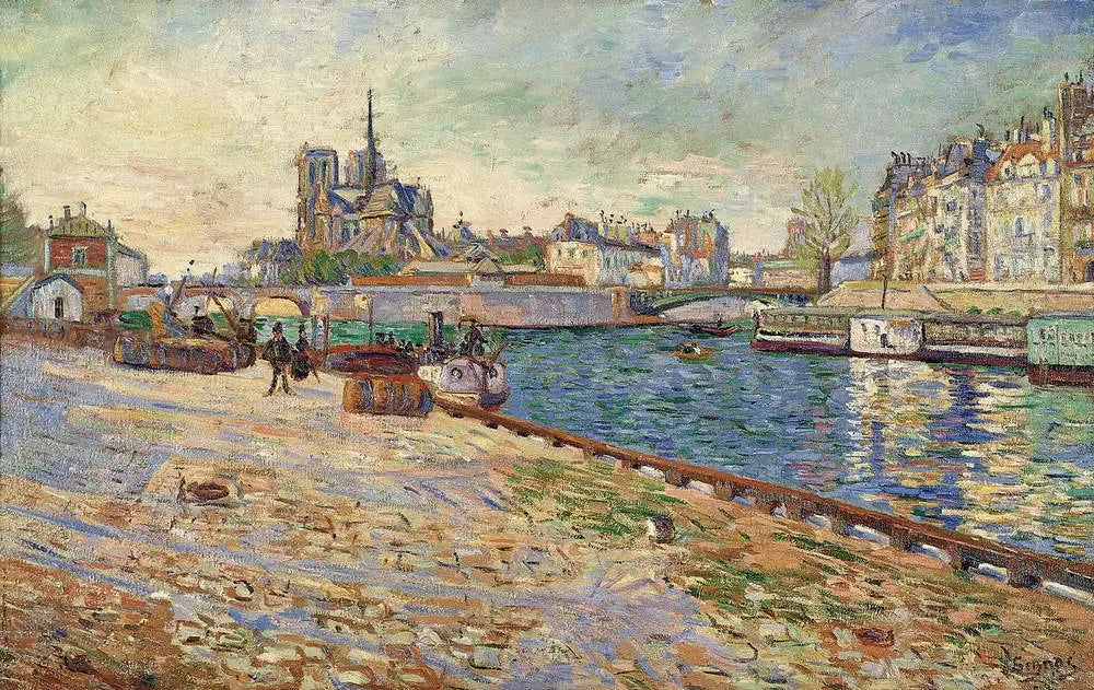 Notre Dame, die Insel Saint-Louis, vom Quai de la Tournelle aus gesehen, bei Sonnenlicht - Paul Signac image 1 reproduction de peinture à l’huile