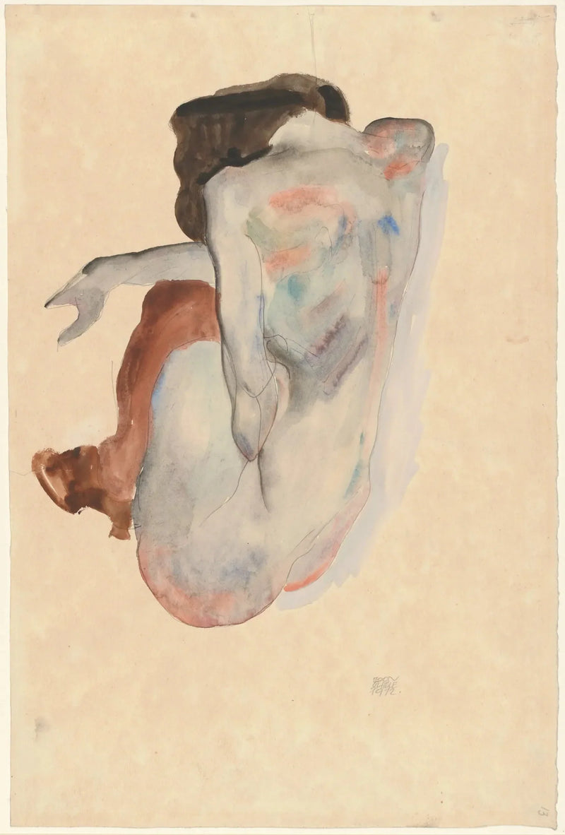 Nu accroupi en chaussures et bas noirs, vue de dos - Egon Schiele