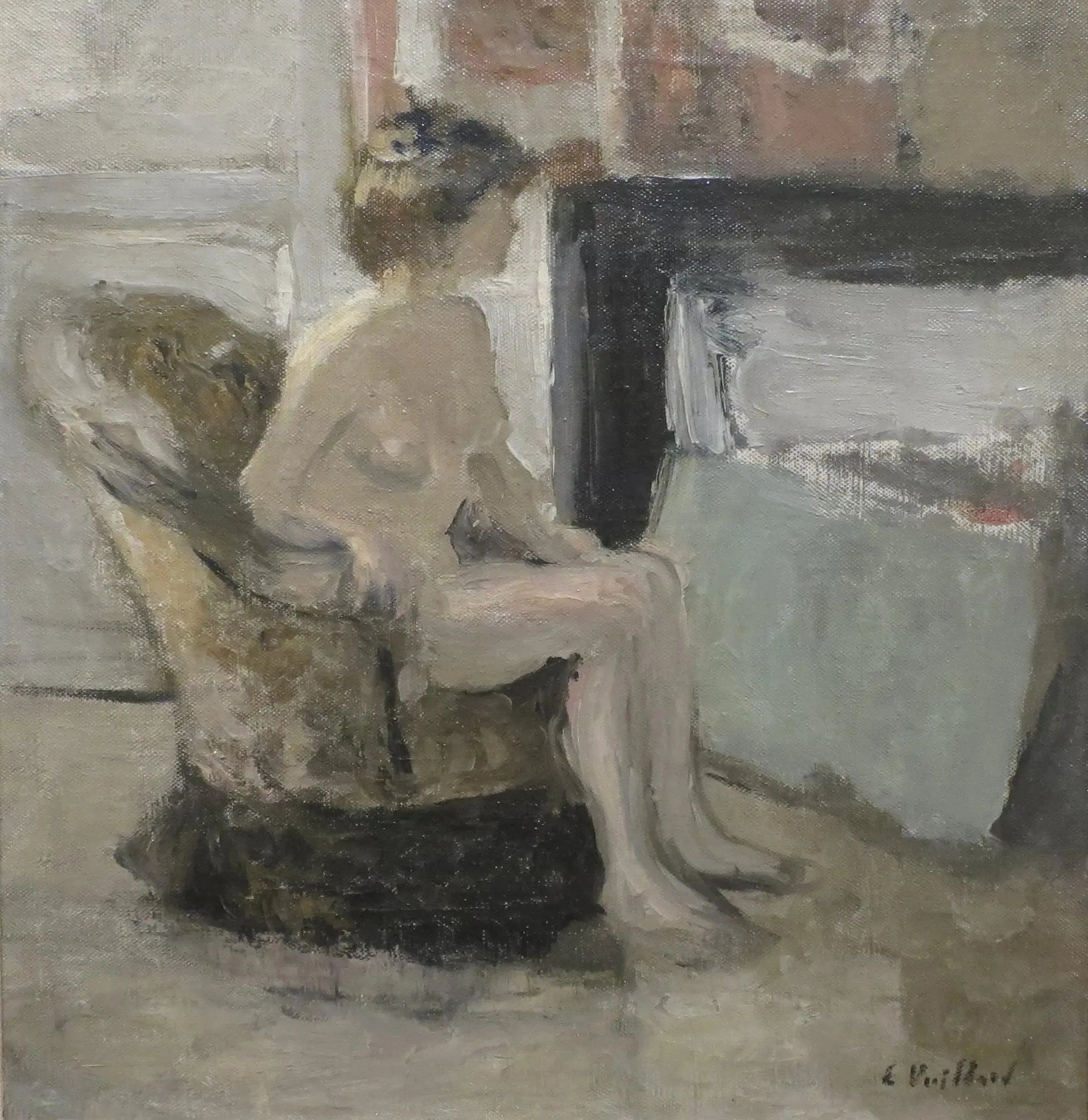Nu assis devant une cheminée - Édouard Vuillard image 1 copie peinte à la main à l’huile