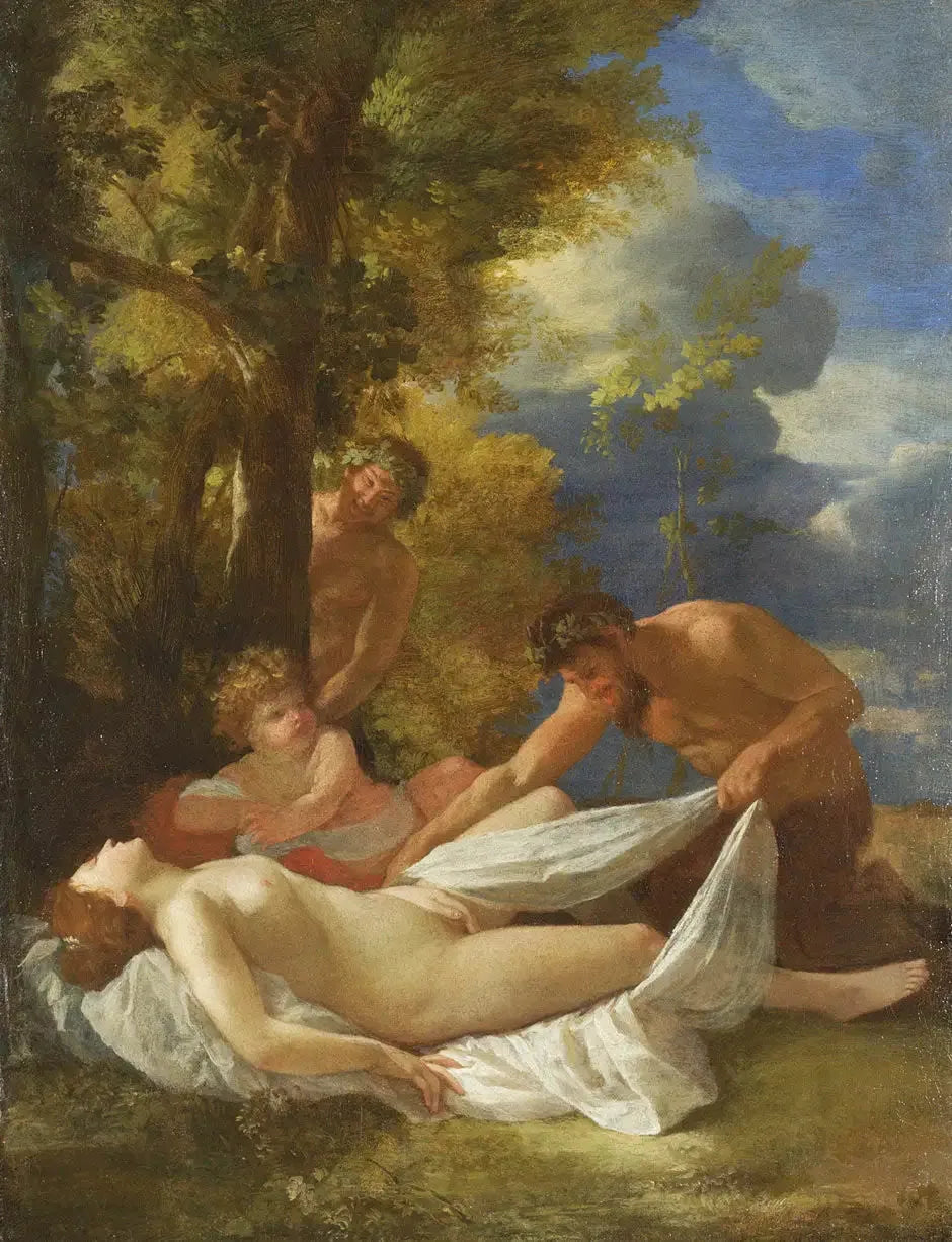 Nymphe endormie surprise par des satyres - Nicolas Poussin image 1 copie de tableau peinte à la main