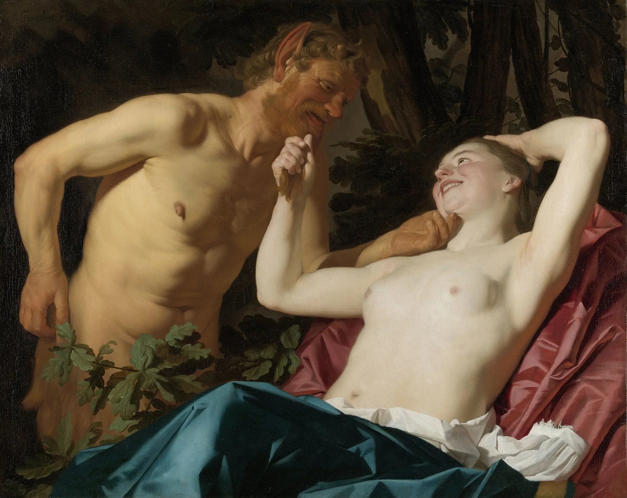 Nymphe et Satyre - Gerrit van Honthorst image 1 copie peinte à la main à l’huile