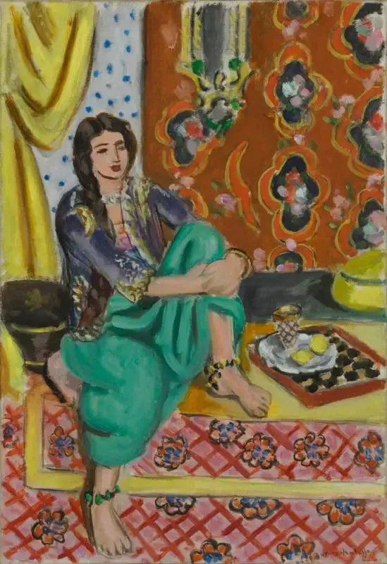 Odalisque assise, genou gauche replié, fond ornemental et damier - Henri Matisse image 1 reproduction de peinture à l’huile