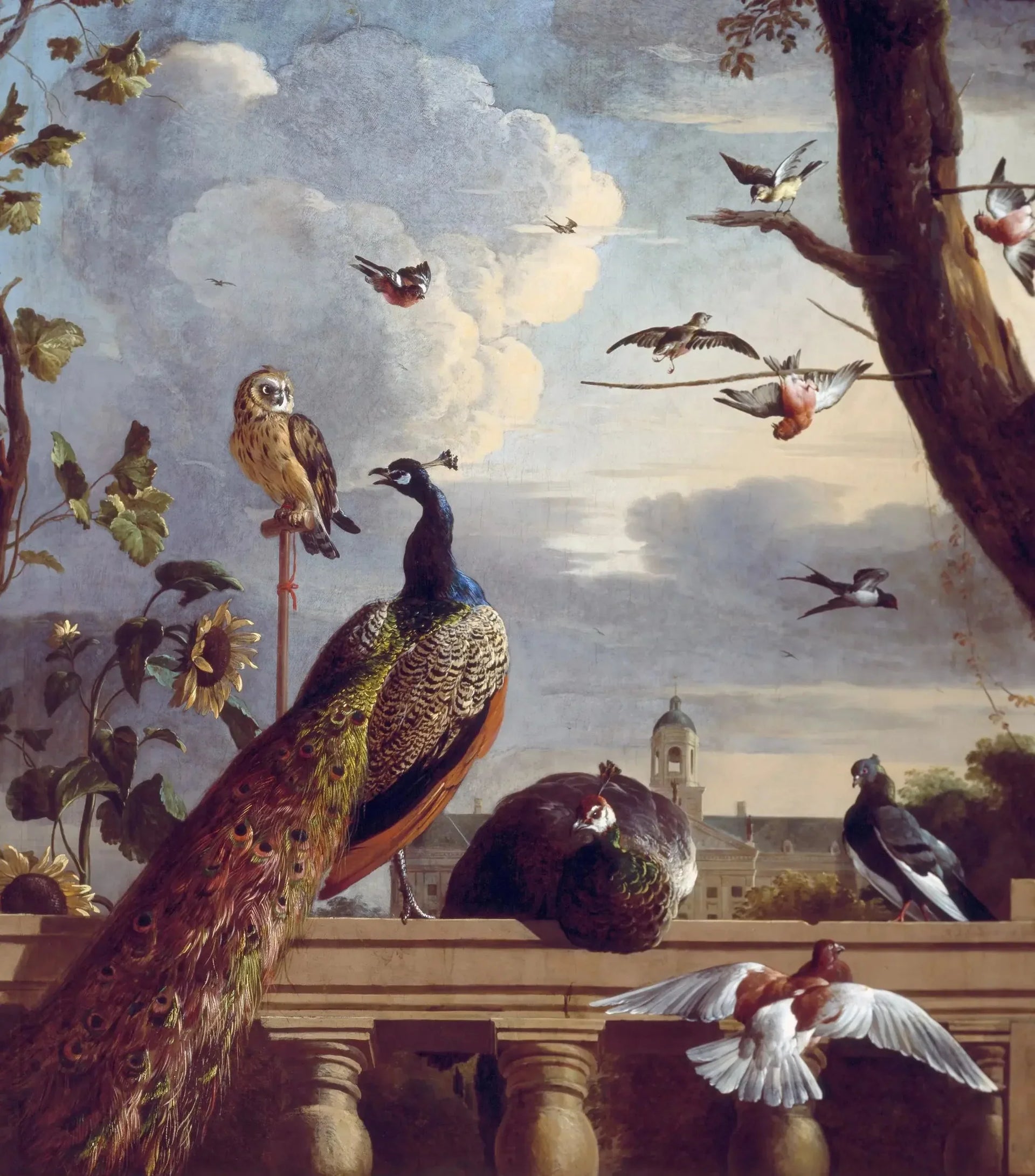 Oiseaux autour d'une balustrade, avec l'hôtel de ville d'Amsterdam en arrière-plan, 1670 - Melchior de Hondecoeter image 1 copie peinte à la main à l’huile