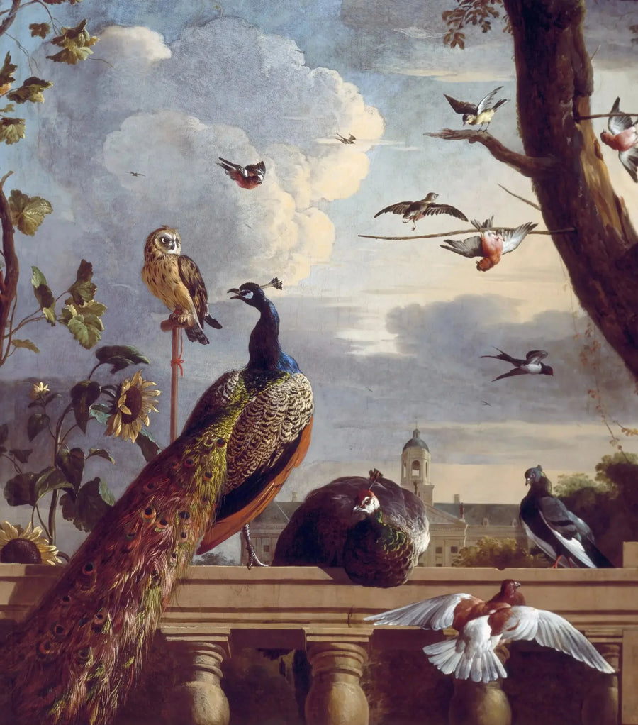Oiseaux autour d'une balustrade, avec l'hôtel de ville d'Amsterdam en arrière-plan, 1670 - Melchior de Hondecoeter