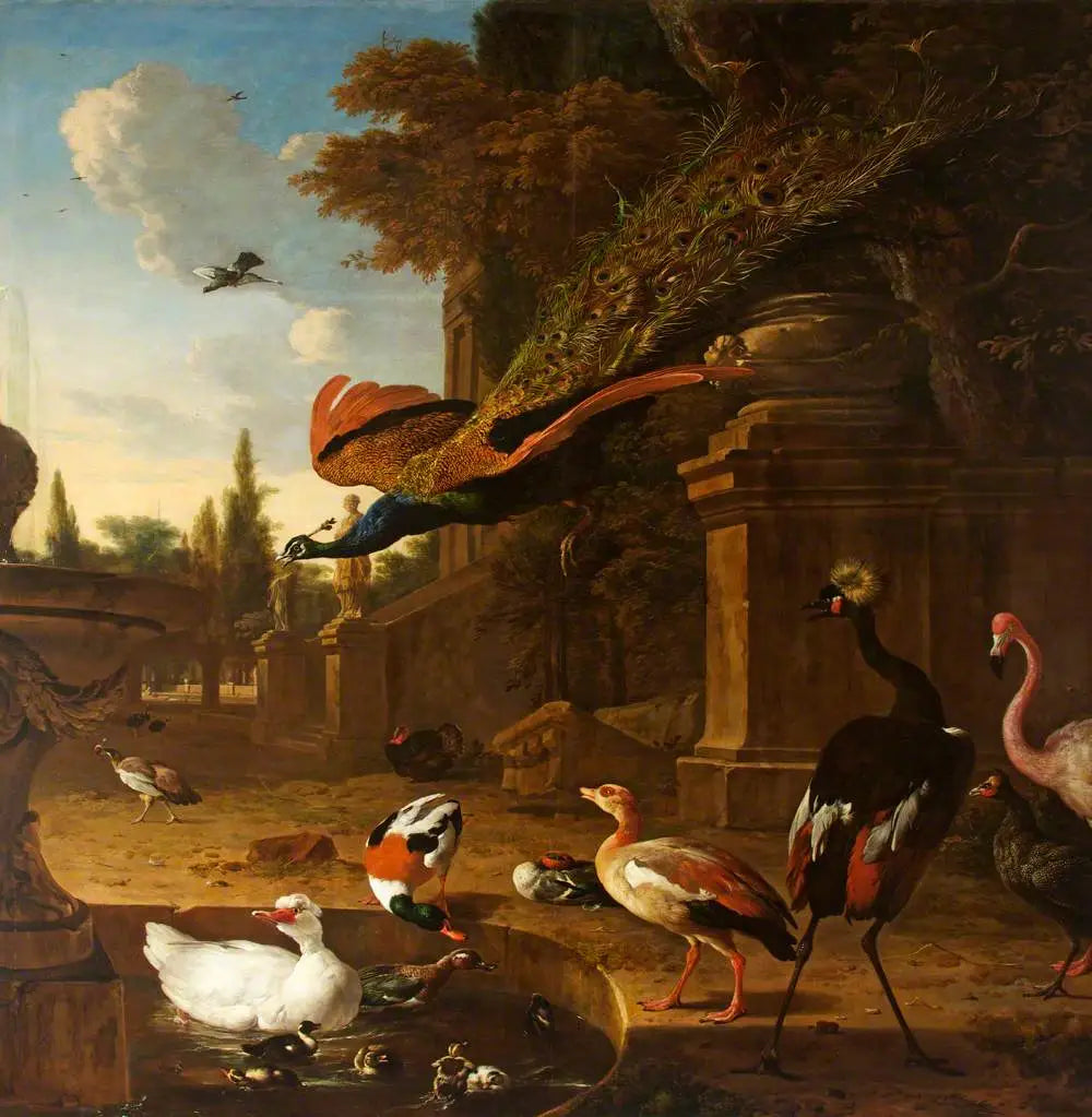 Oiseaux d'ornement dans et à côté d'un étang dans un parc, avec un paon en vol - Melchior de Hondecoeter image 1 reproduction artisanale de tableau