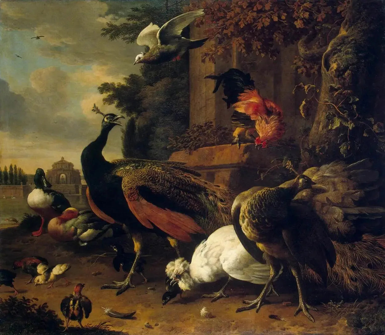 Oiseaux dans un parc - Melchior de Hondecoeter image 1 copie de tableau peinte à la main