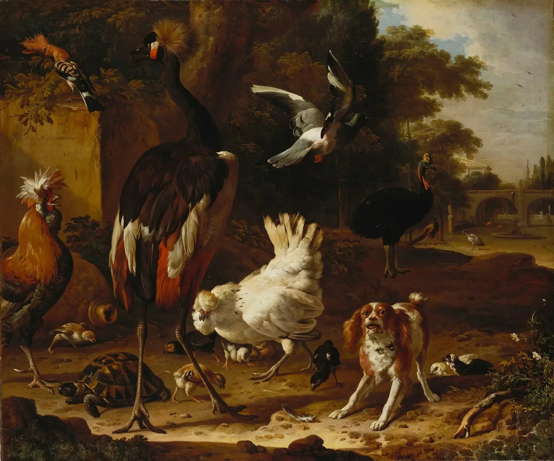 Oiseaux et épagneul dans un jardin - Melchior de Hondecoeter image 1 copie peinte à la main à l’huile