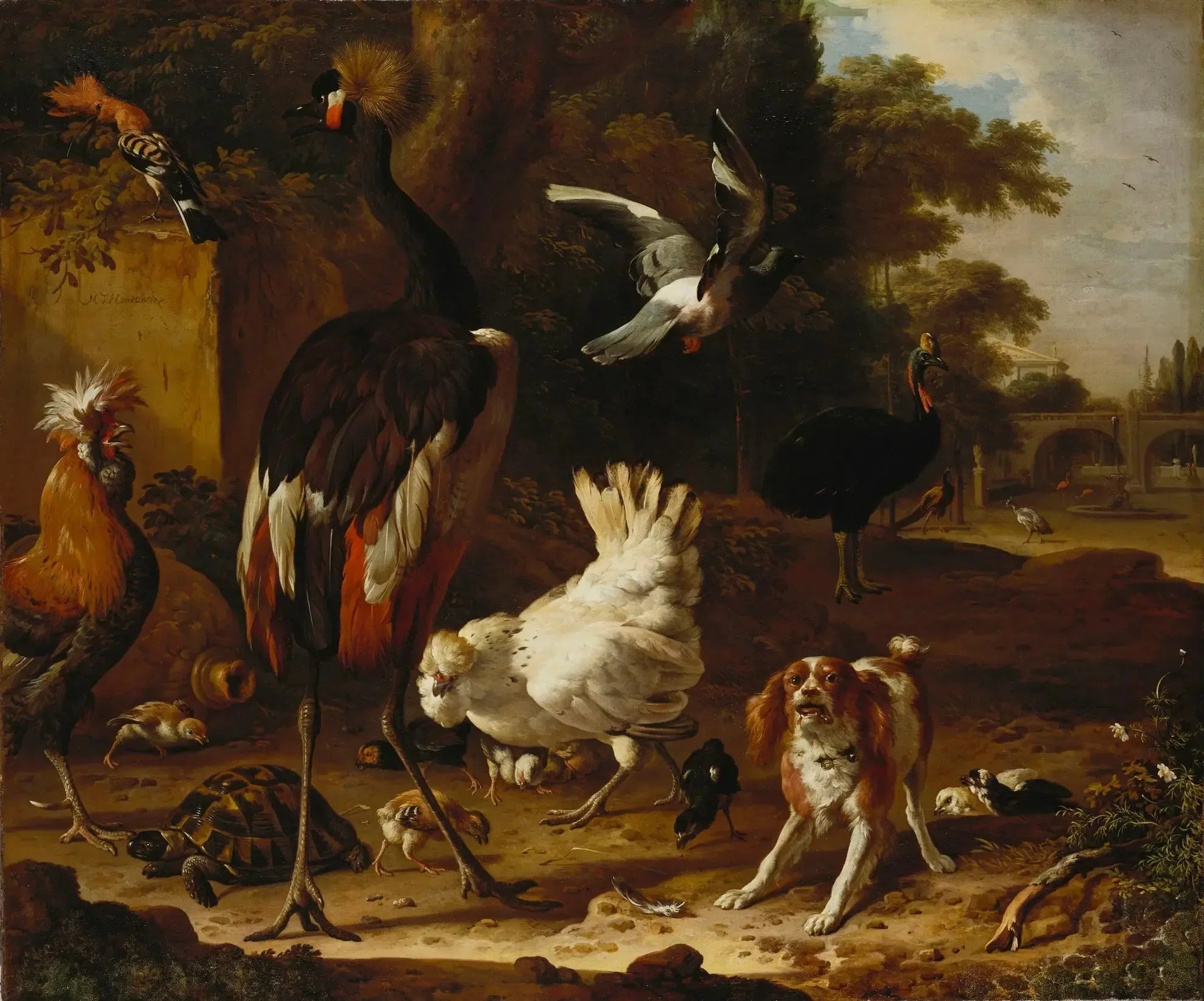 Oiseaux et épagneul dans un jardin - Melchior de Hondecoeter image 1 copie peinte à la main à l’huile