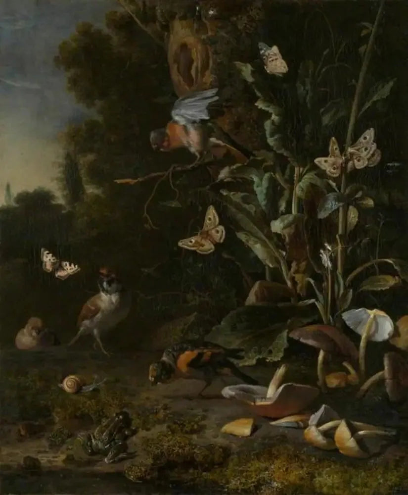 Oiseaux, papillons et une grenouille parmi les plantes et les champignons - Melchior de Hondecoeter image 1 copie de tableau peinte à la main