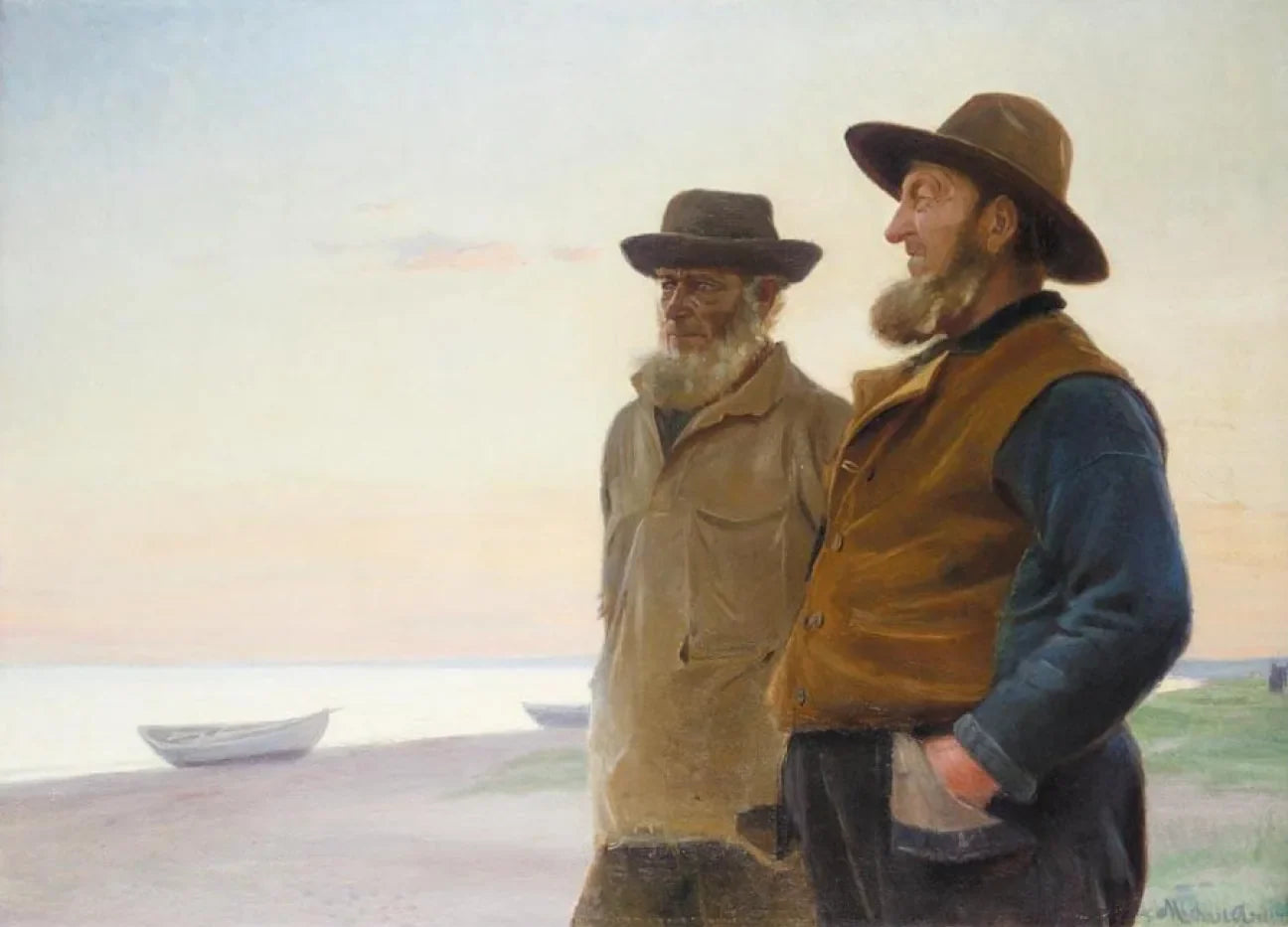 Ole Svendsen et Wolle (Ole Christoffersen) regardent la mer au coucher du soleil. - Michael Peter Ancher image 1 copie peinte à la main à l’huile