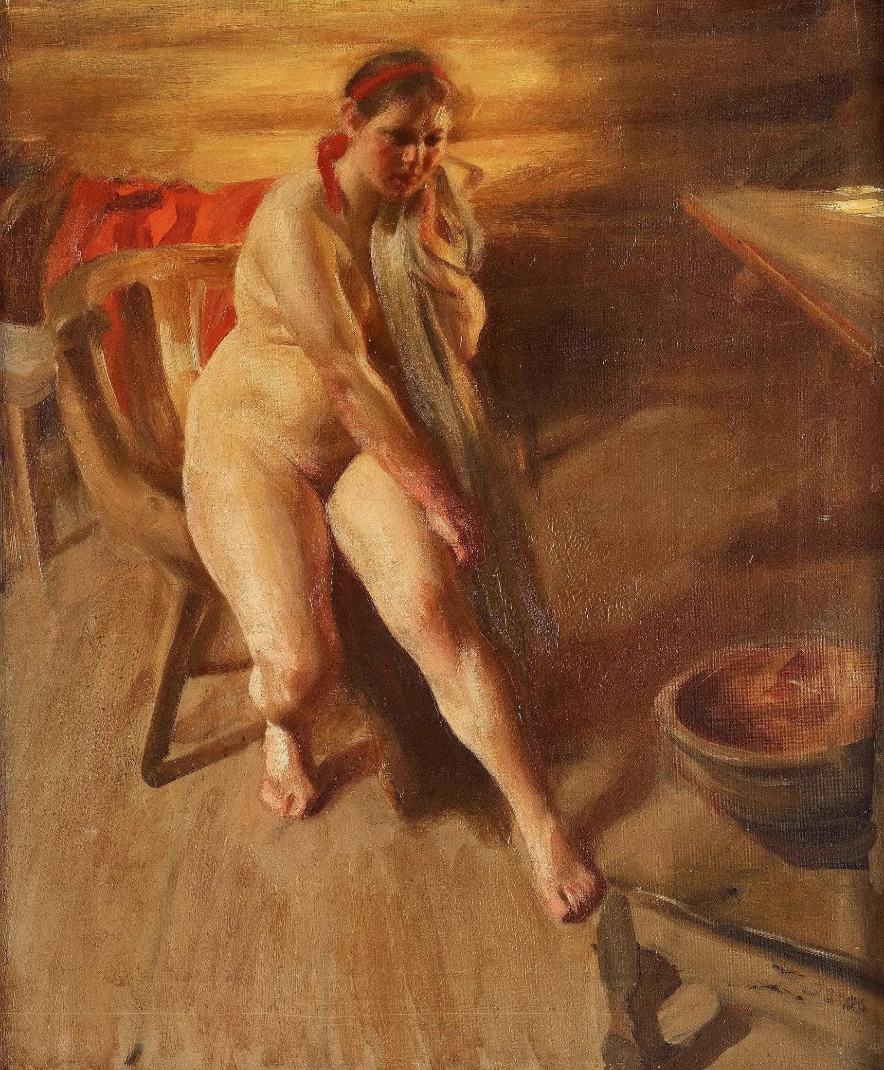 Omorgnad - interiör med naken kulla, Örjas Ida - Anders Zorn image 1 tableau peint à l’huile sur toile