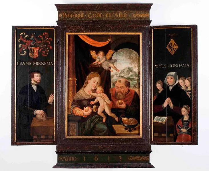 onderkant van Minnema-altaar middenpaneel drieluik: Maria met het kind Jezus op schoot, Jozef op achtergrond - Bernard van Orley