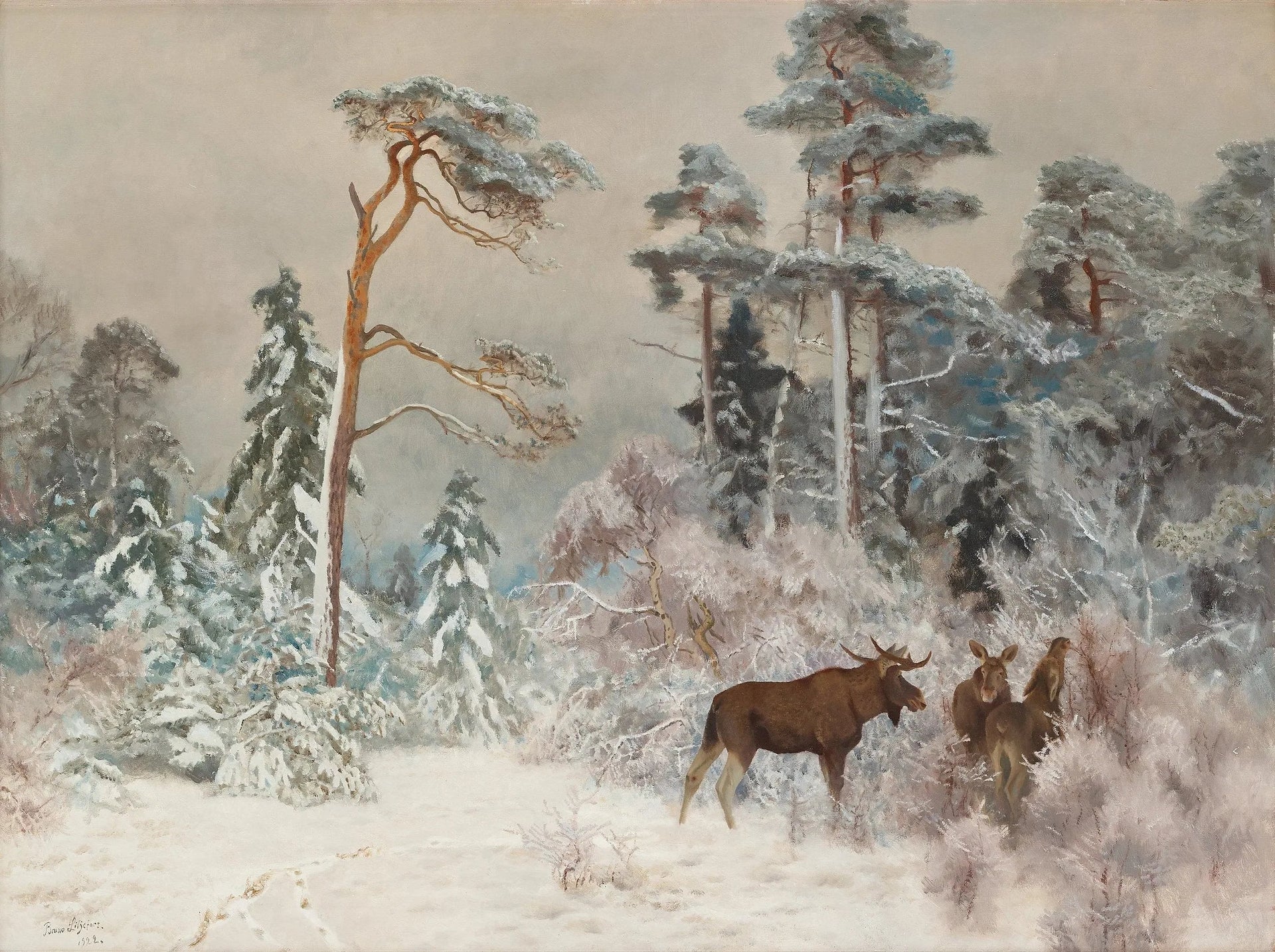 Orignal dans un paysage hivernal - Bruno Liljefors image 1 reproduction artisanale de tableau