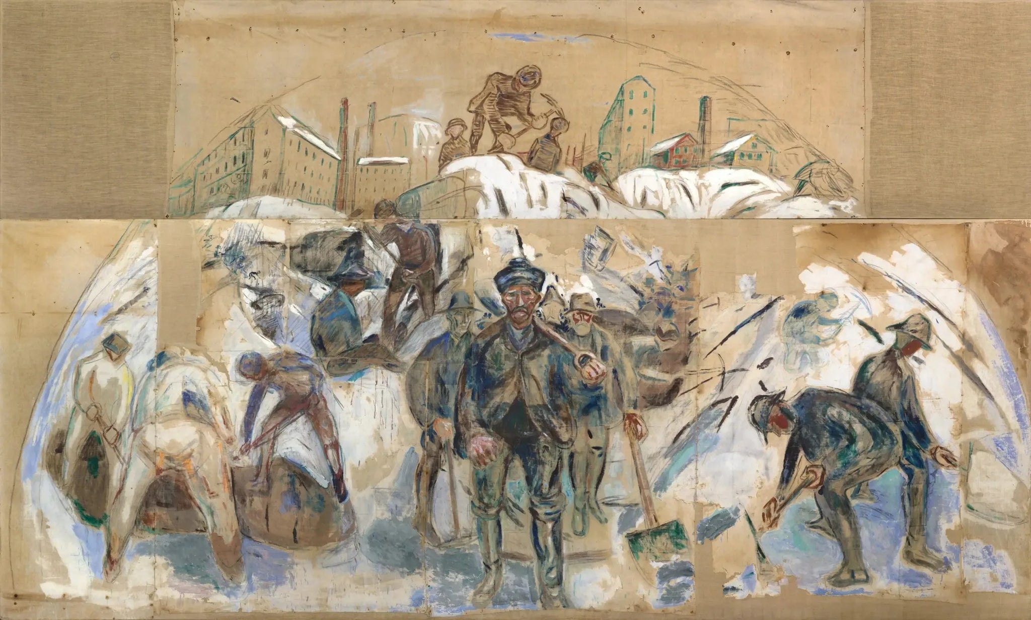 Ouvriers sur le chantier de construction. Esquisse pour un décor de l'hôtel de ville d'Oslo - Edvard Munch image 1 reproduction de peinture à l’huile