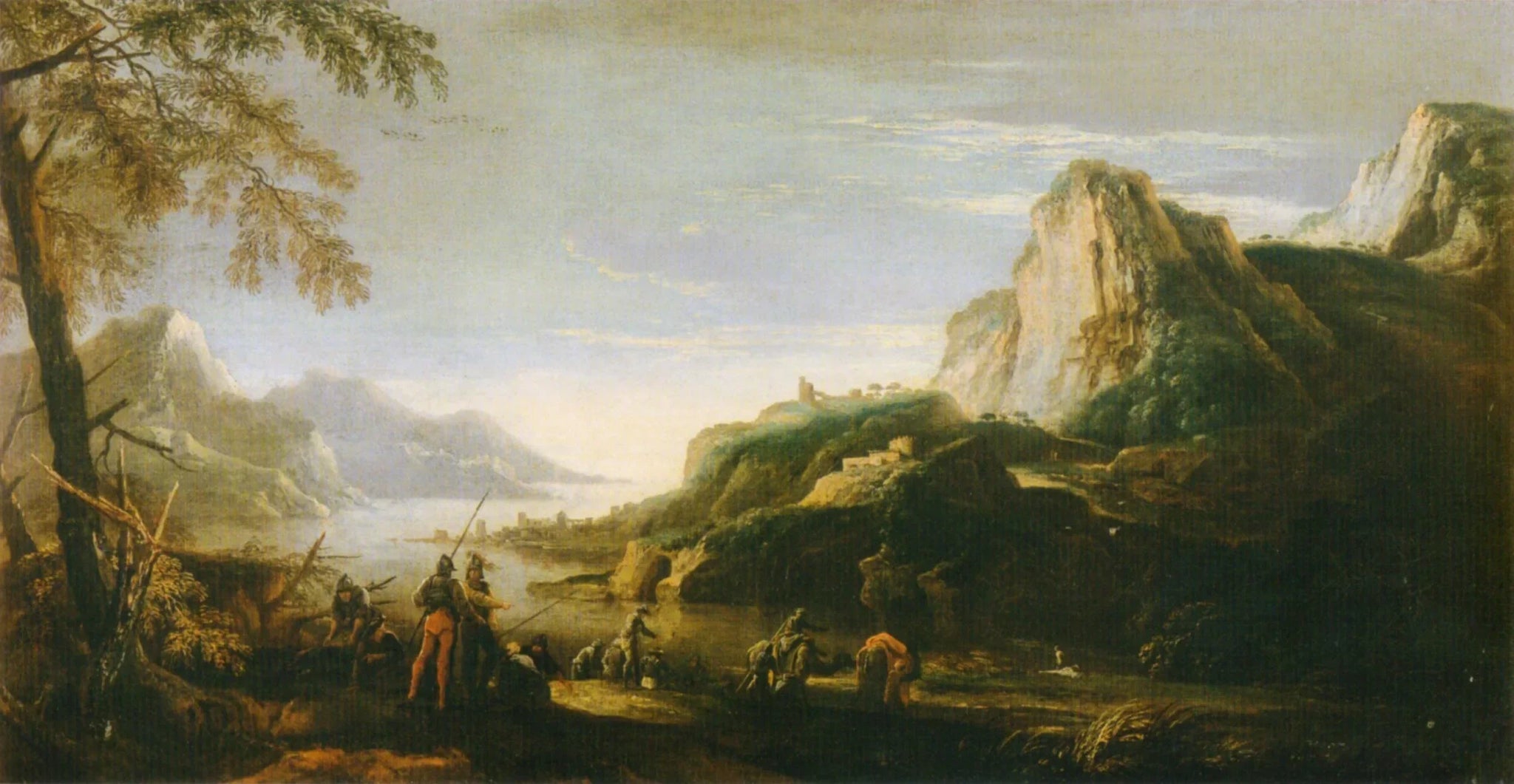 Paesaggio con soldati in riva a un fiume - Salvator Rosa image 1 reproduction artisanale de tableau