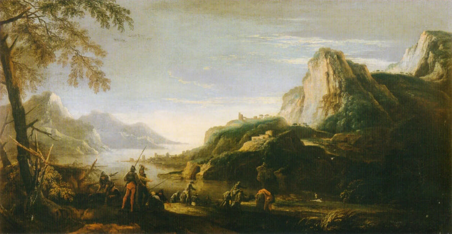 Paesaggio con soldati in riva a un fiume - Salvator Rosa