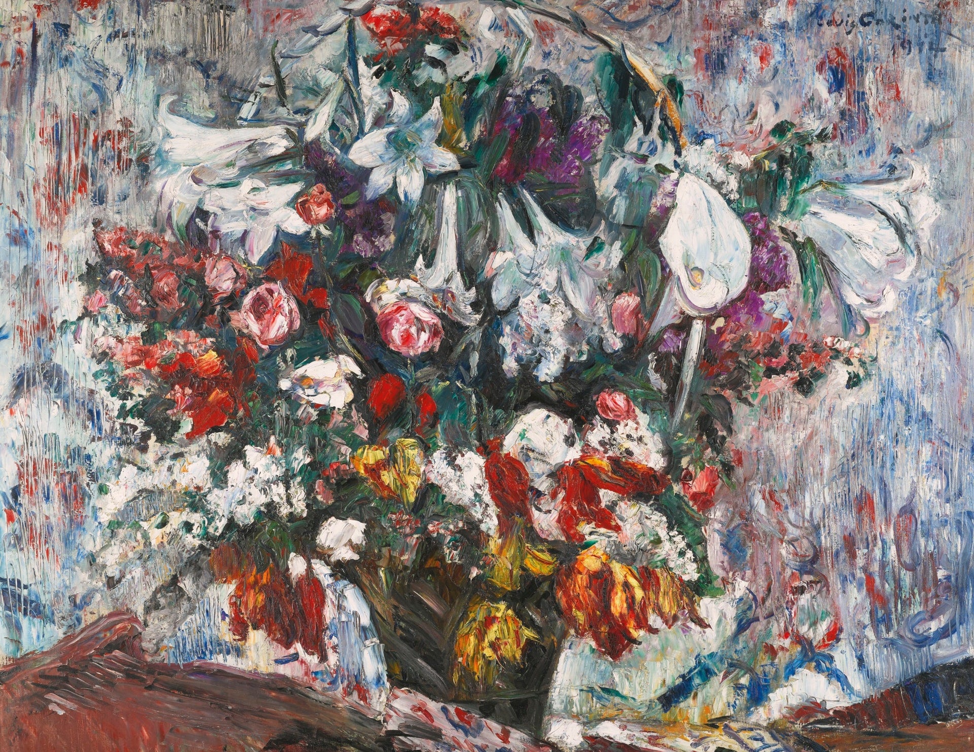 Panier de fleurs avec amaryllis, lilas, roses et tulipes - Lovis Corinth image 1 reproduction réalisée par Alpha Reproduction