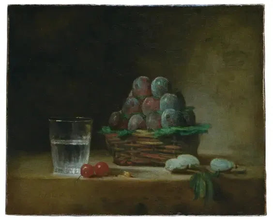 Panier de pruneaux, verre d'eau, cerises - Jean Siméon Chardin image 1 copie peinte à la main à l’huile
