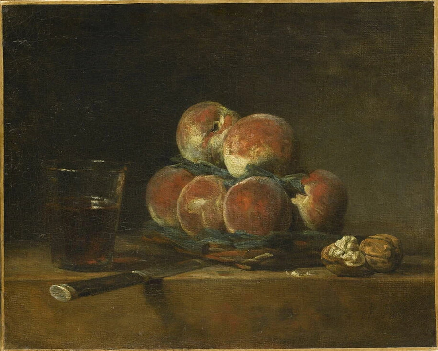Panier de pêches avec noix, couteau et verre de vin - Jean Baptiste Siméon Chardin