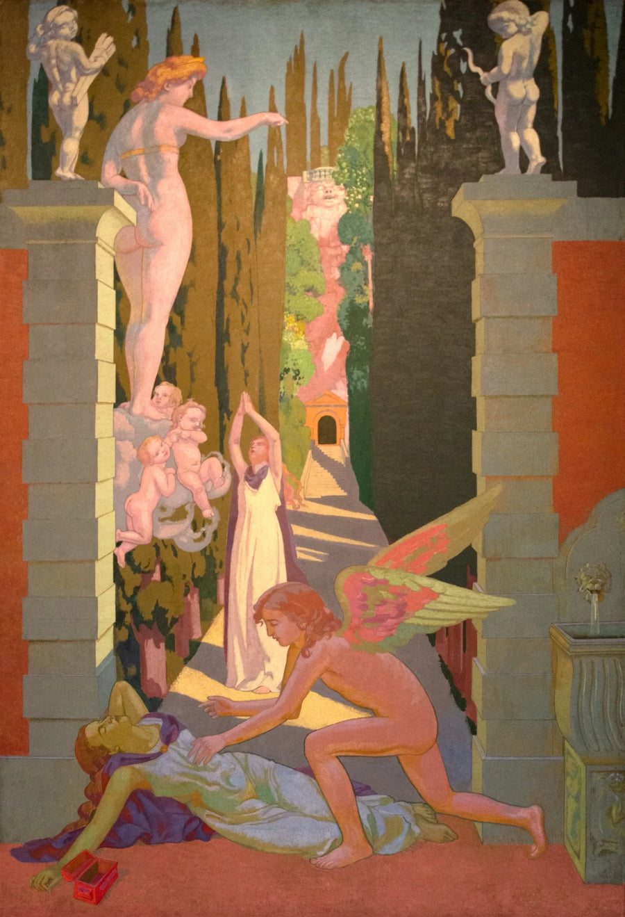 Panneau IV. Soumise par Vénus aux plus dures épreuves, Psyché, pour son malheur, cède une seconde fois à la curiosité : dans cette extrémité, elle est secourue par l'Amour - Maurice Denis