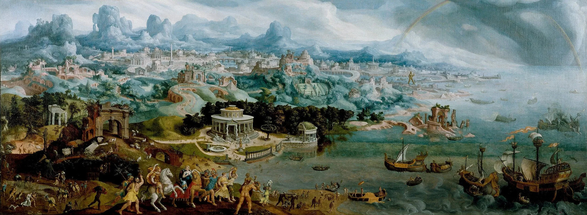 Panorama de l'enlèvement d'Hélène au milieu des merveilles du monde antique - Maarten van Heemskerck image 1 reproduction de peinture à l’huile