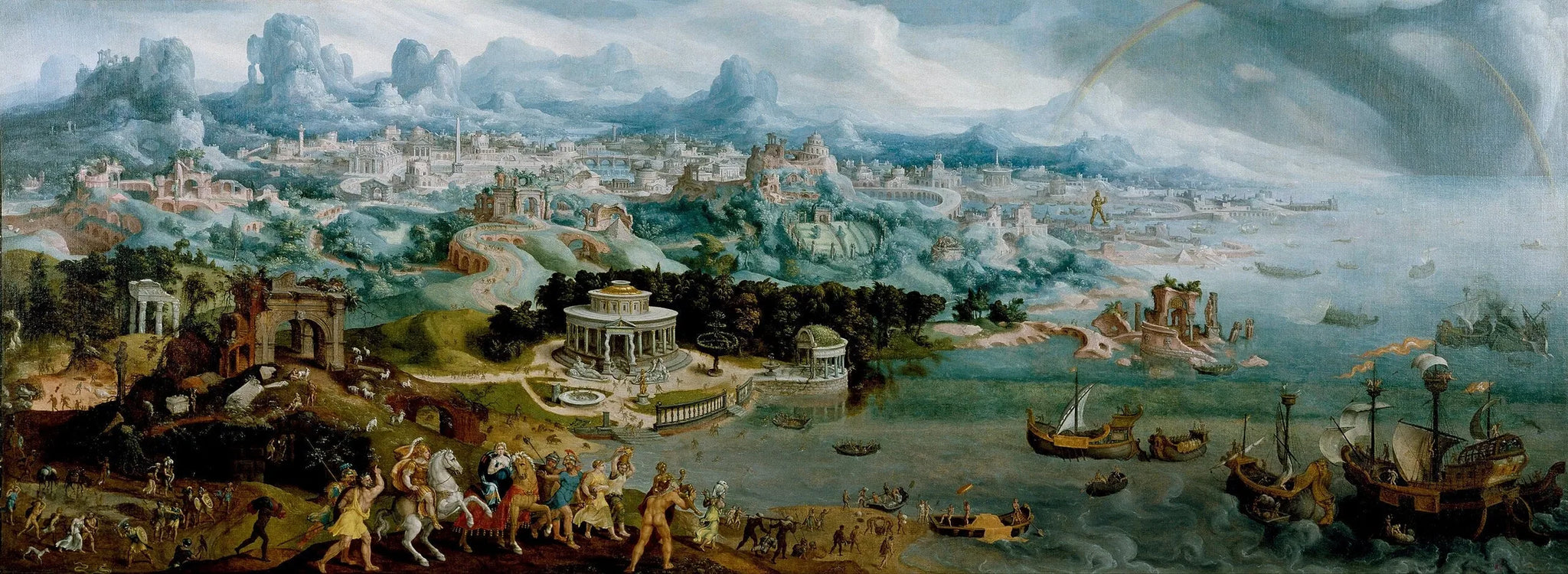 Panorama de l'enlèvement d'Hélène au milieu des merveilles du monde antique - Maarten van Heemskerck image 1 reproduction de peinture à l’huile
