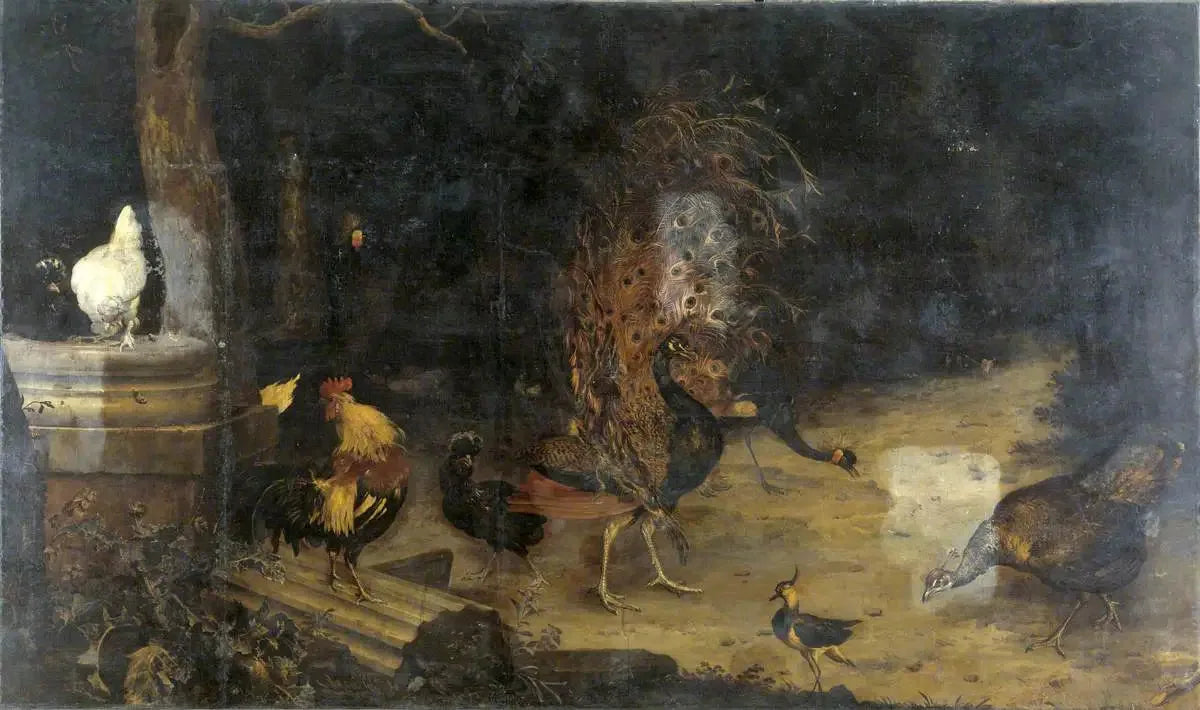 Paon et grues dans un bois - Melchior de Hondecoeter image 1 reproduction de peinture à l’huile