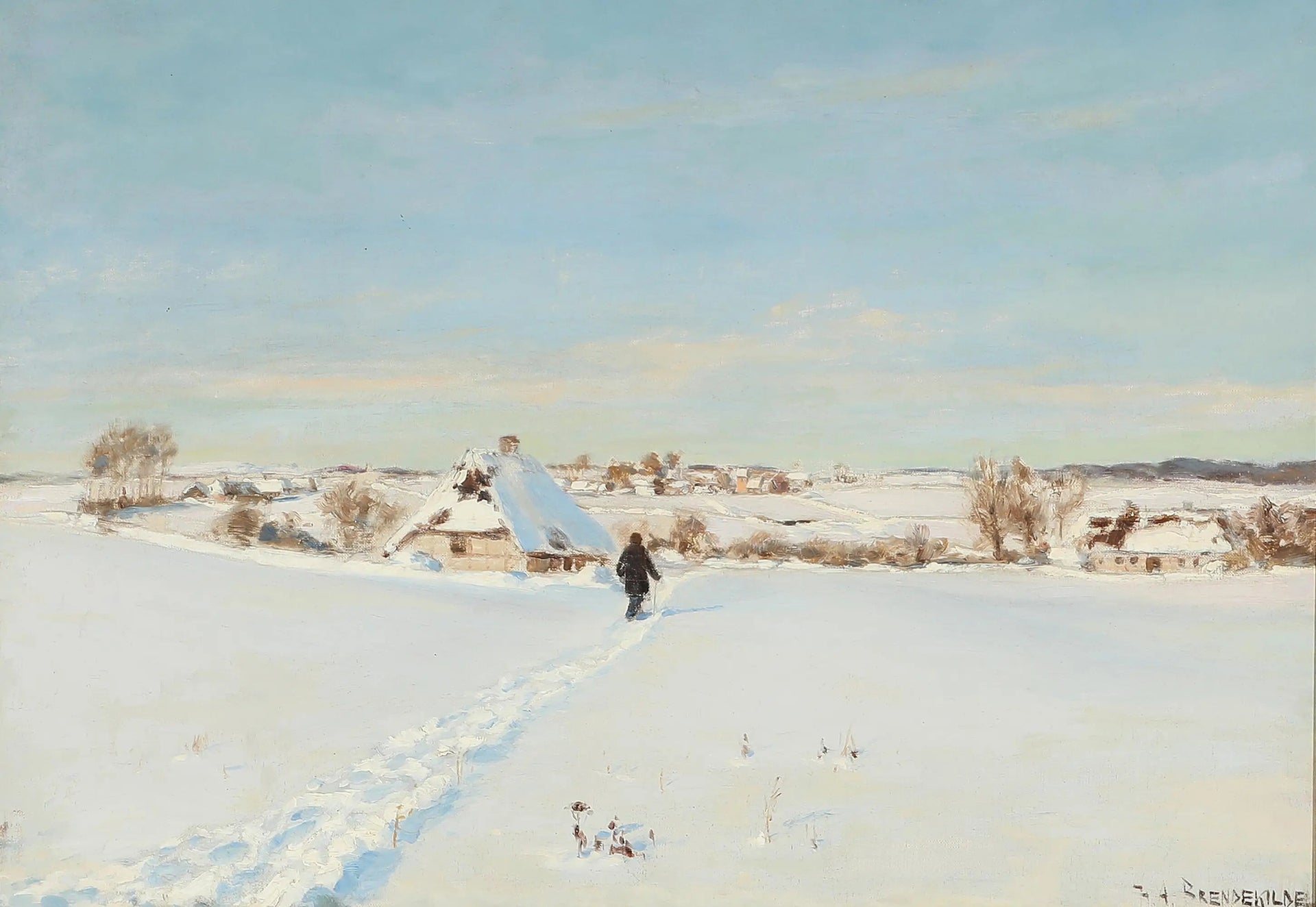 Par une belle journée d'hiver, un homme marche vers une ferme. - H. A. Brendekilde image 1 reproduction artisanale de tableau