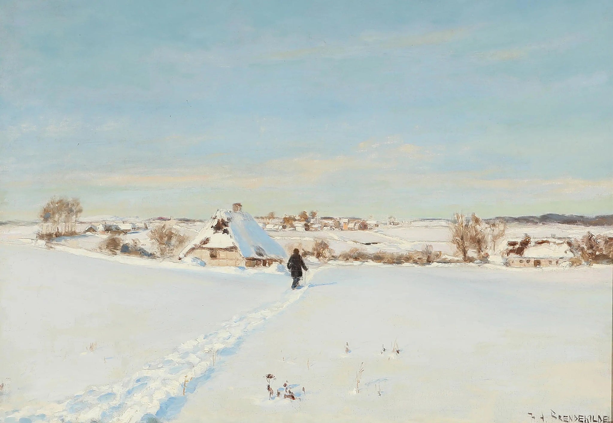 Par une belle journée d'hiver, un homme marche vers une ferme. - H. A. Brendekilde image 1 reproduction artisanale de tableau
