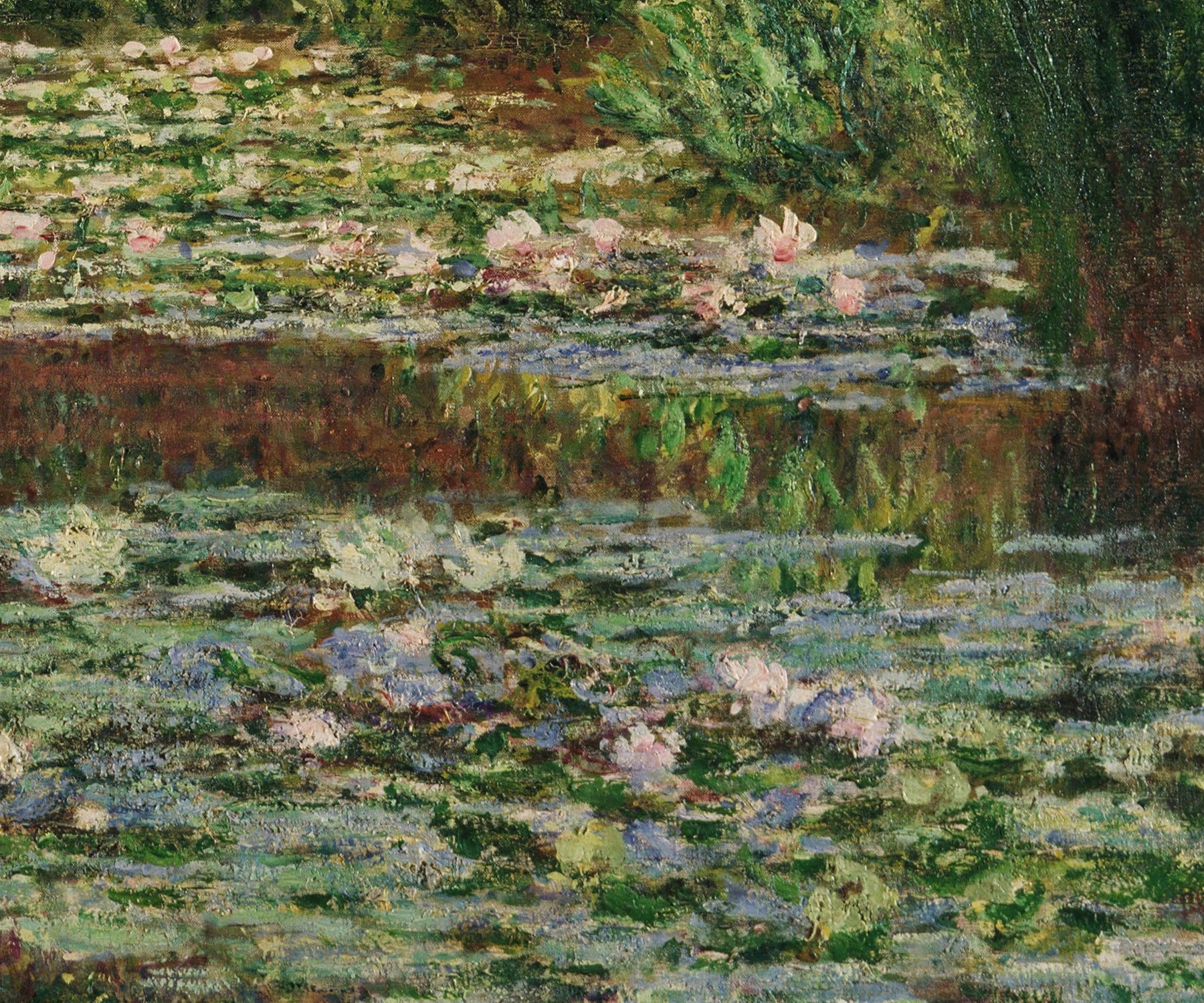 Détail des nymphéas roses et des reflets sous la passerelle W1512 de Claude Monet