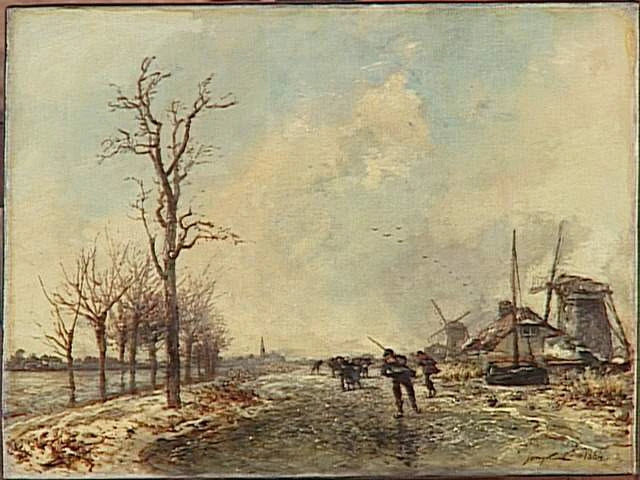 Patineurs hollandais avec deux moulins à droite - Johan Barthold Jongkind