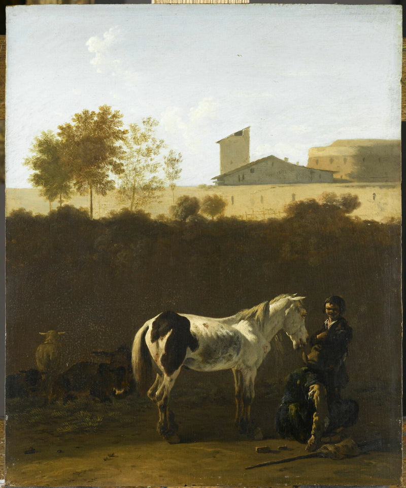 Pâtres et cheval pie dans un paysage d'Italie - Karel Dujardin