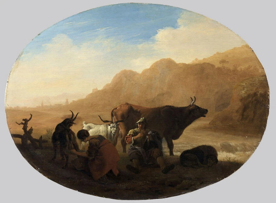 Les Pâtres : femme trayant une chèvre et joueur de flûte - Pieter van Laer