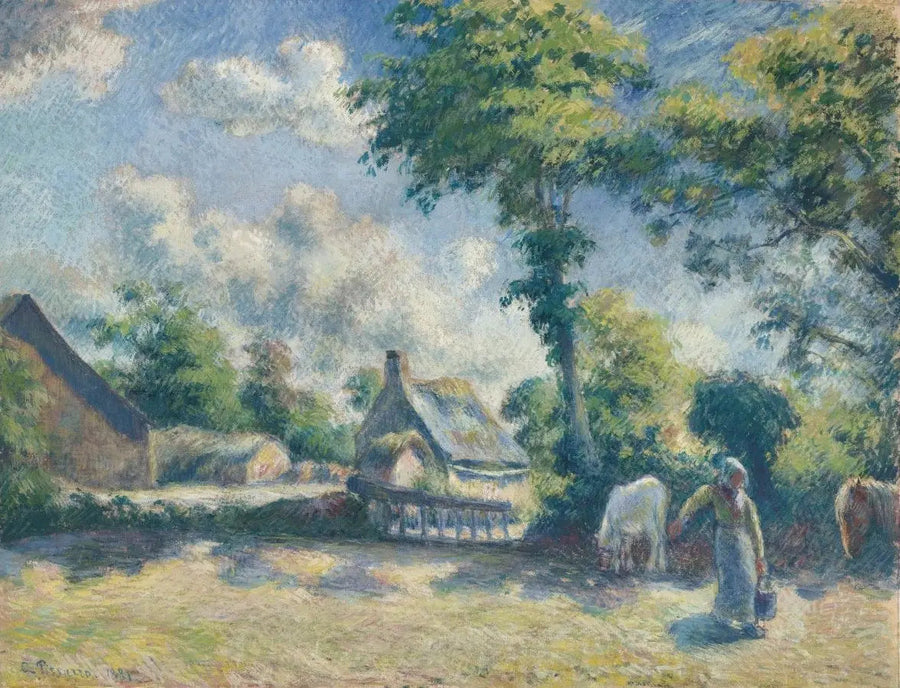 Paysage à Melleray, femme donnant à boire à des chevaux - Camille Pissarro
