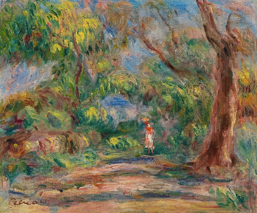 Paysage, allée de ferme avec femme en rouge et blanc - Pierre-Auguste Renoir
