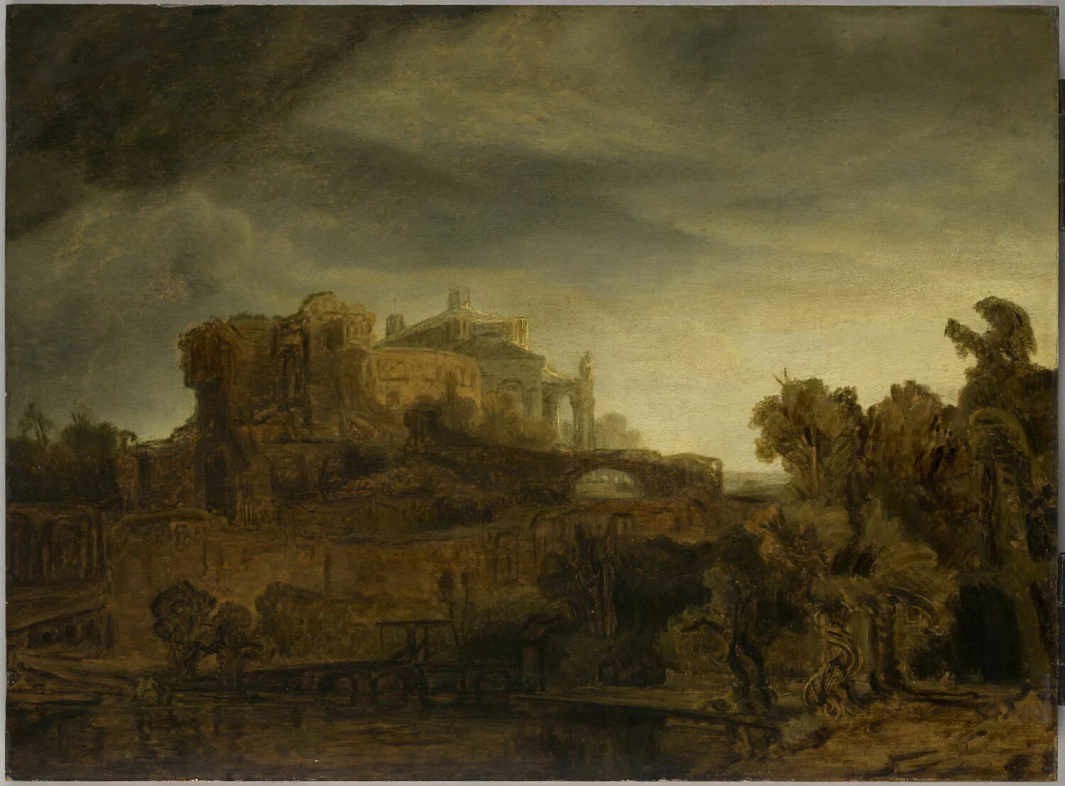 Paysage au château. Vue imaginaire - Rembrandt