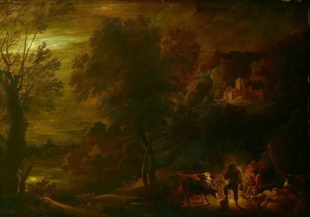 Paysage au clair de lune avec des bergers au feu - David Teniers le Jeune image 1 copie de tableau peinte à la main