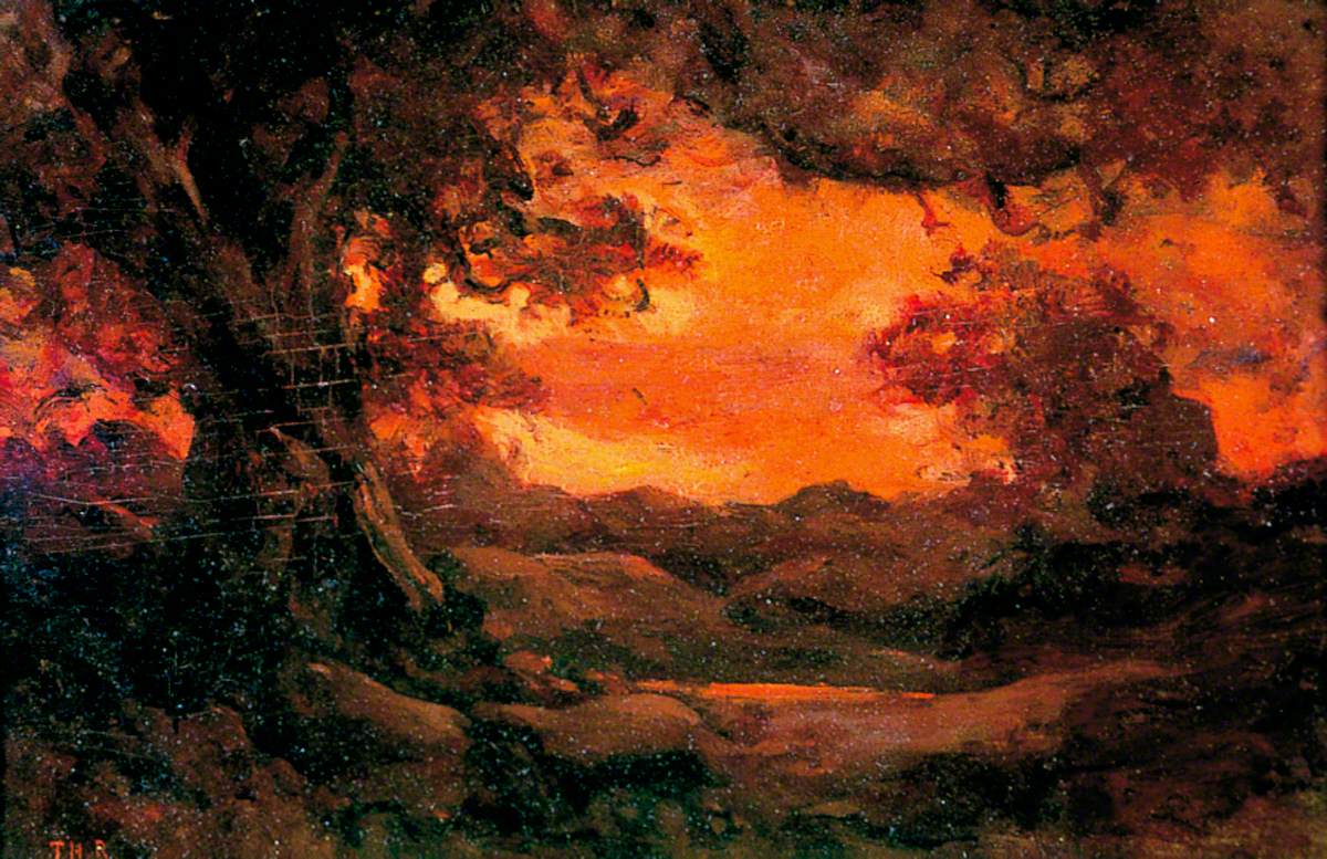 Paysage au coucher de soleil rouge - Théodore Rousseau image 1 reproduction de peinture à l’huile