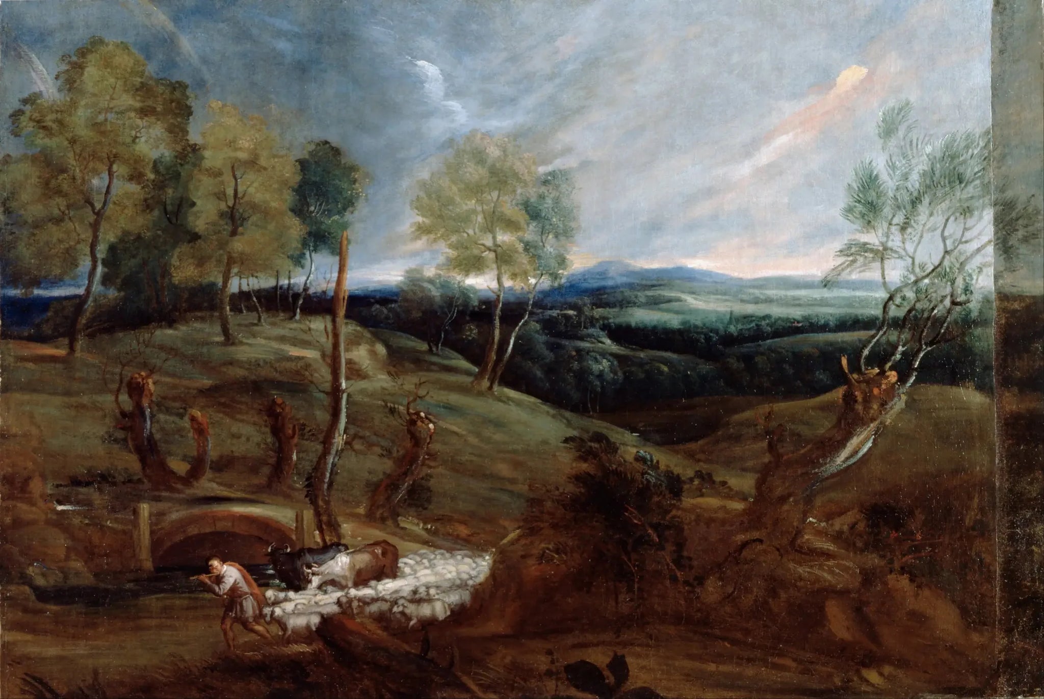 Paysage au coucher du soleil avec un berger et son troupeau - Antoine van Dyck image 1 copie peinte à la main à l’huile