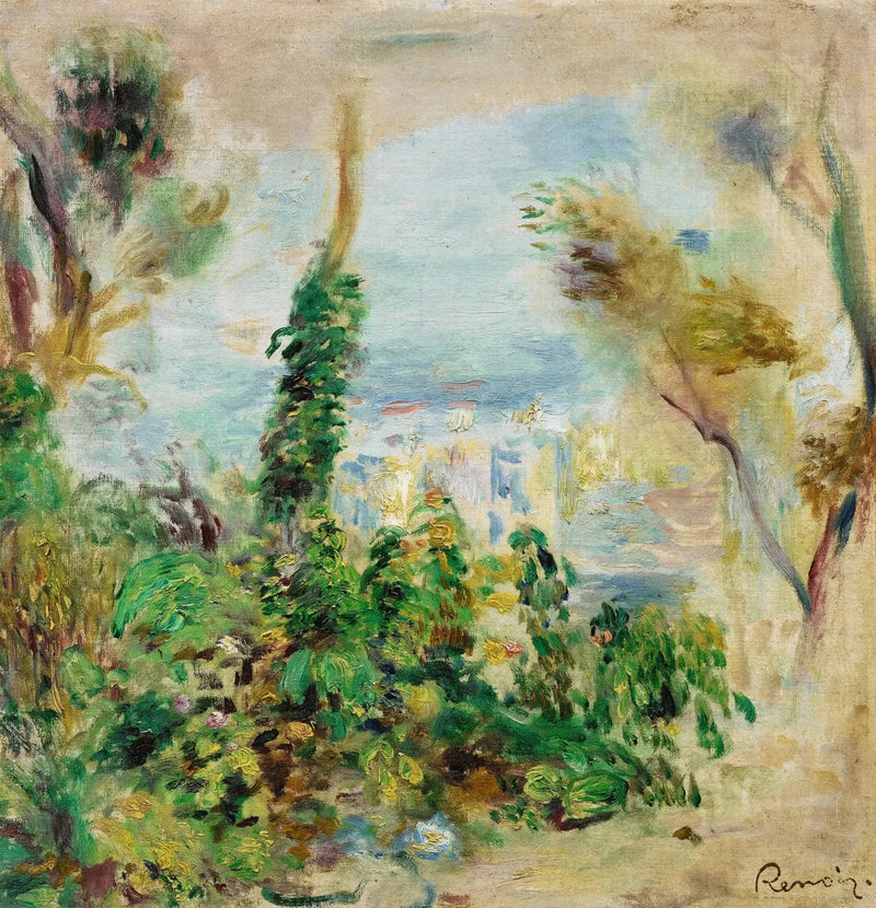 Paysage, au premier plan fleurs grimpantes, au fond maisons - Pierre-Auguste Renoir