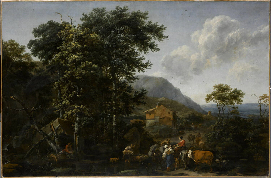 Paysage aux grands arbres avec des animaux près d'un gué - Nicolaes Pietersz. Berchem