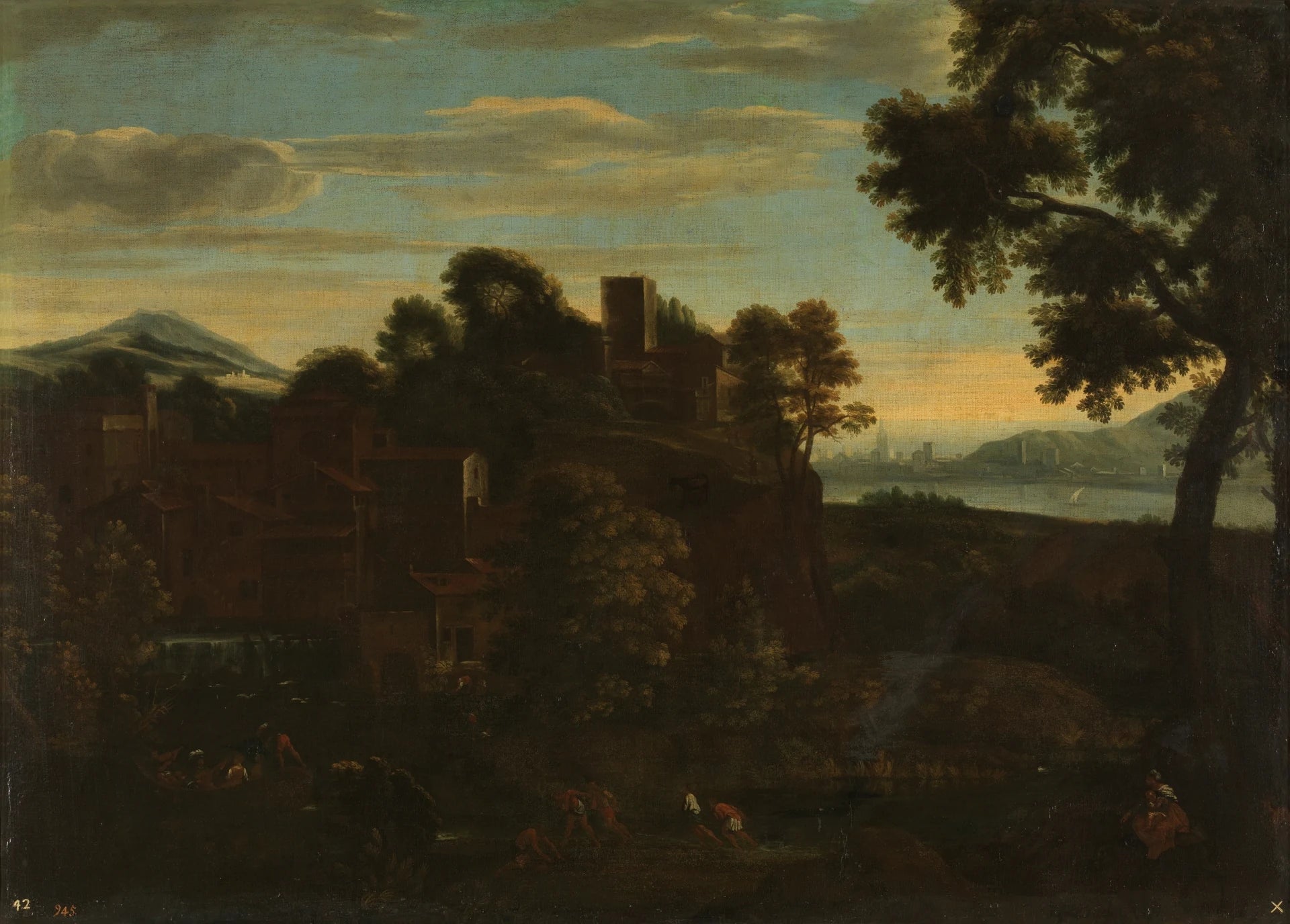 Paysage avec des bateaux, des pêcheurs et la Fuite en Egypte - Giovanni Francesco Grimaldi