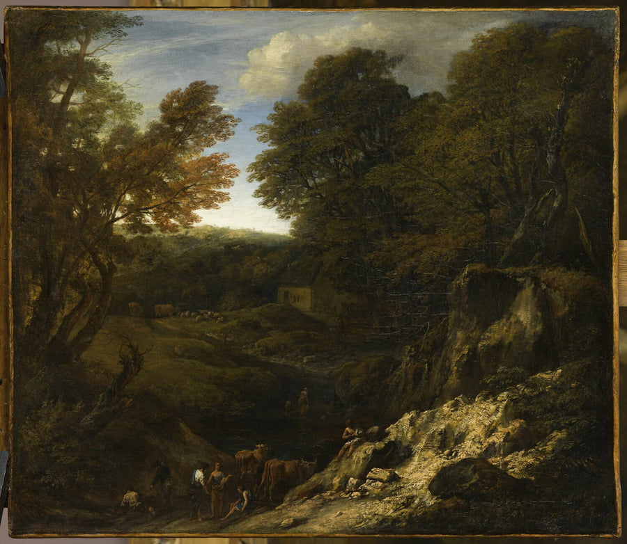 Paysage avec bergers et troupeau au bord d'une mare et près d'un talus fortement éclairé - Cornelis Huysmans