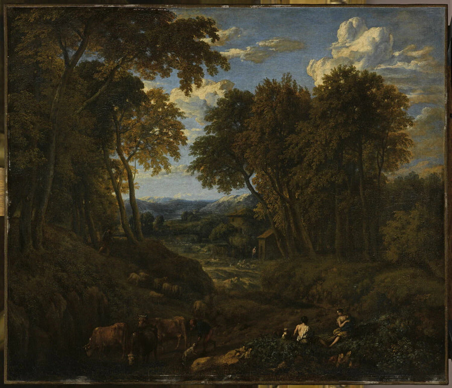 Paysage avec bergers et troupeau dans un chemin forestier - Cornelis Huysmans