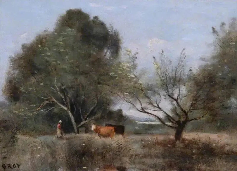 Paysage avec bétail - Jean-Baptiste Camille Corot image 1 copie peinte à la main à l’huile