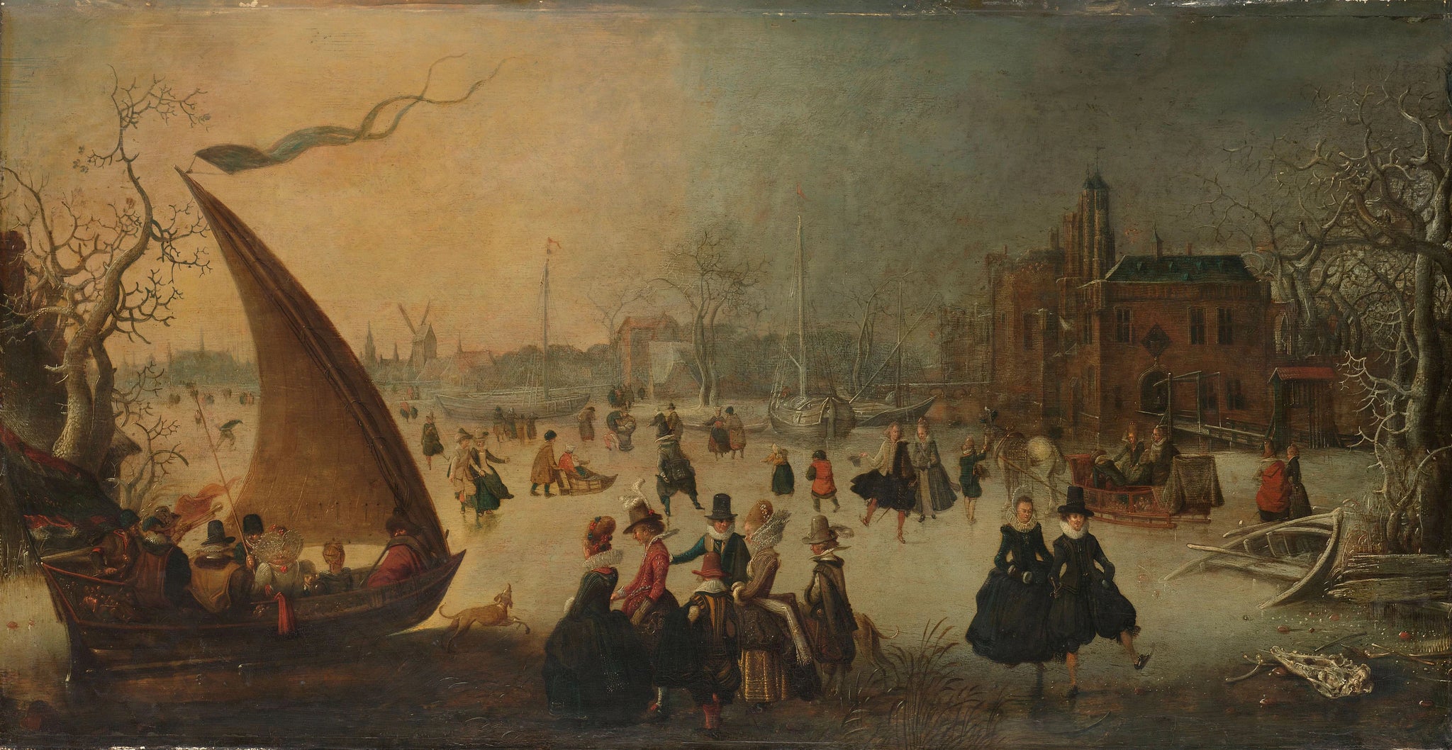 Paysage avec un canal gelé, des patineurs et une barge de glace - Adam van Breen