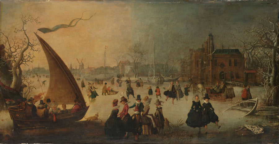 Paysage avec un canal gelé, des patineurs et une barge de glace - Adam van Breen